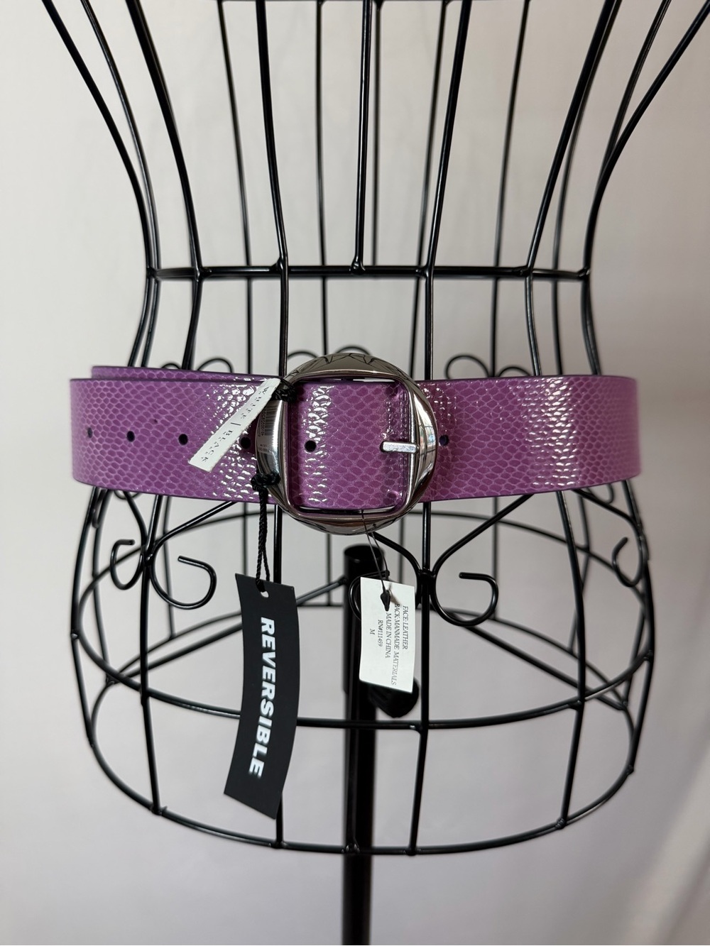 Reversible Purple Textured Leather Belt with Silver Buckle